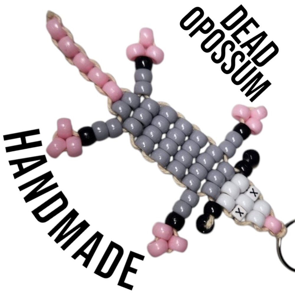 Handmade Dead Opossum Possum Beaded Keychain Pony Beads Kandi Bead Hand Crafted